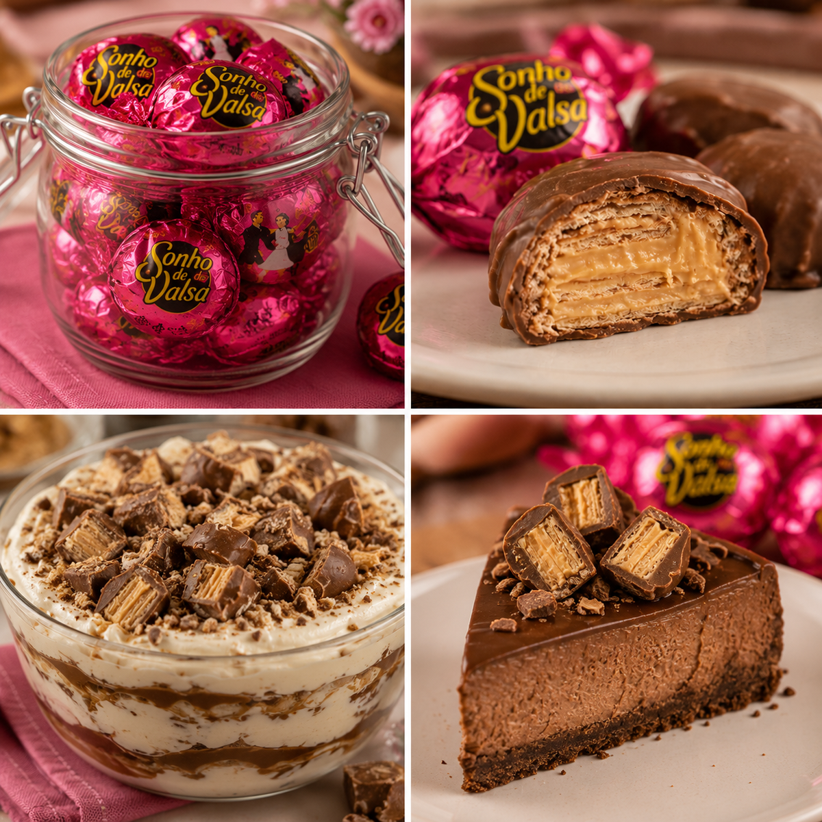 Bonbons in pinker Folie und angeschnittene Praline mit brauner Füllung